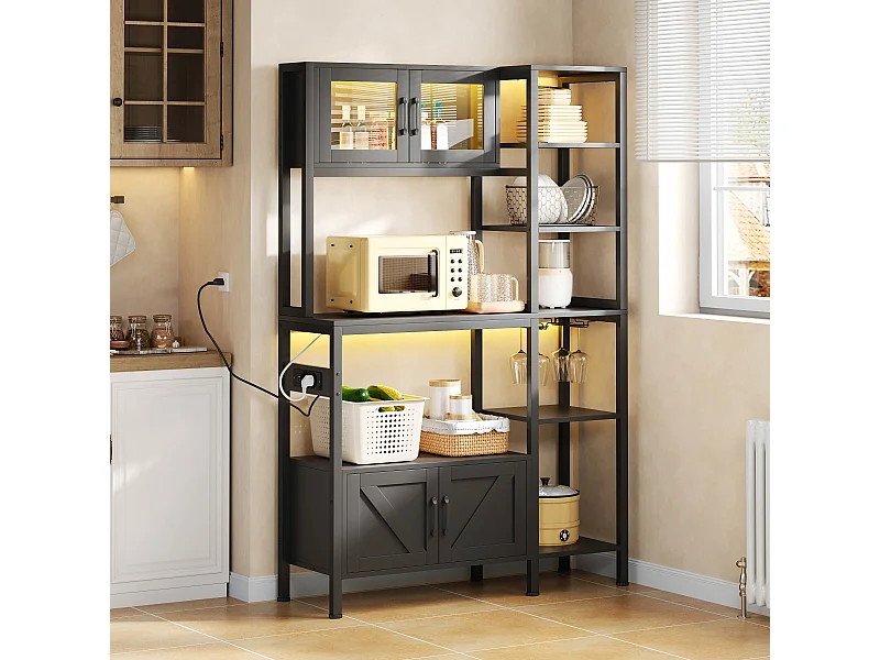 Étagère de cuisson/meuble de cuisine - 115 x 40 x 180 cm - avec prise + Leds + 4 portes - étagère de bar - MDF - noir