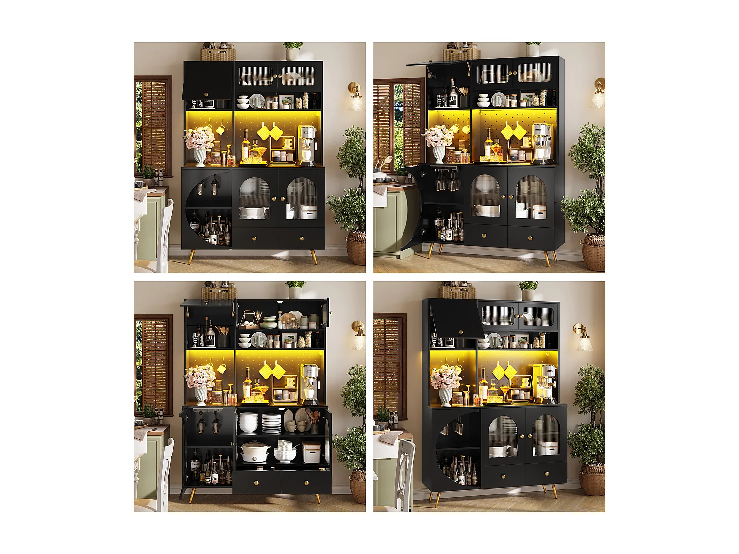 Buffet haut de cuisine moderne - 120 x 40 x 176 cm - avec Leds + USB + portes + tiroir + étagères en verre - MDF + verre - noir
