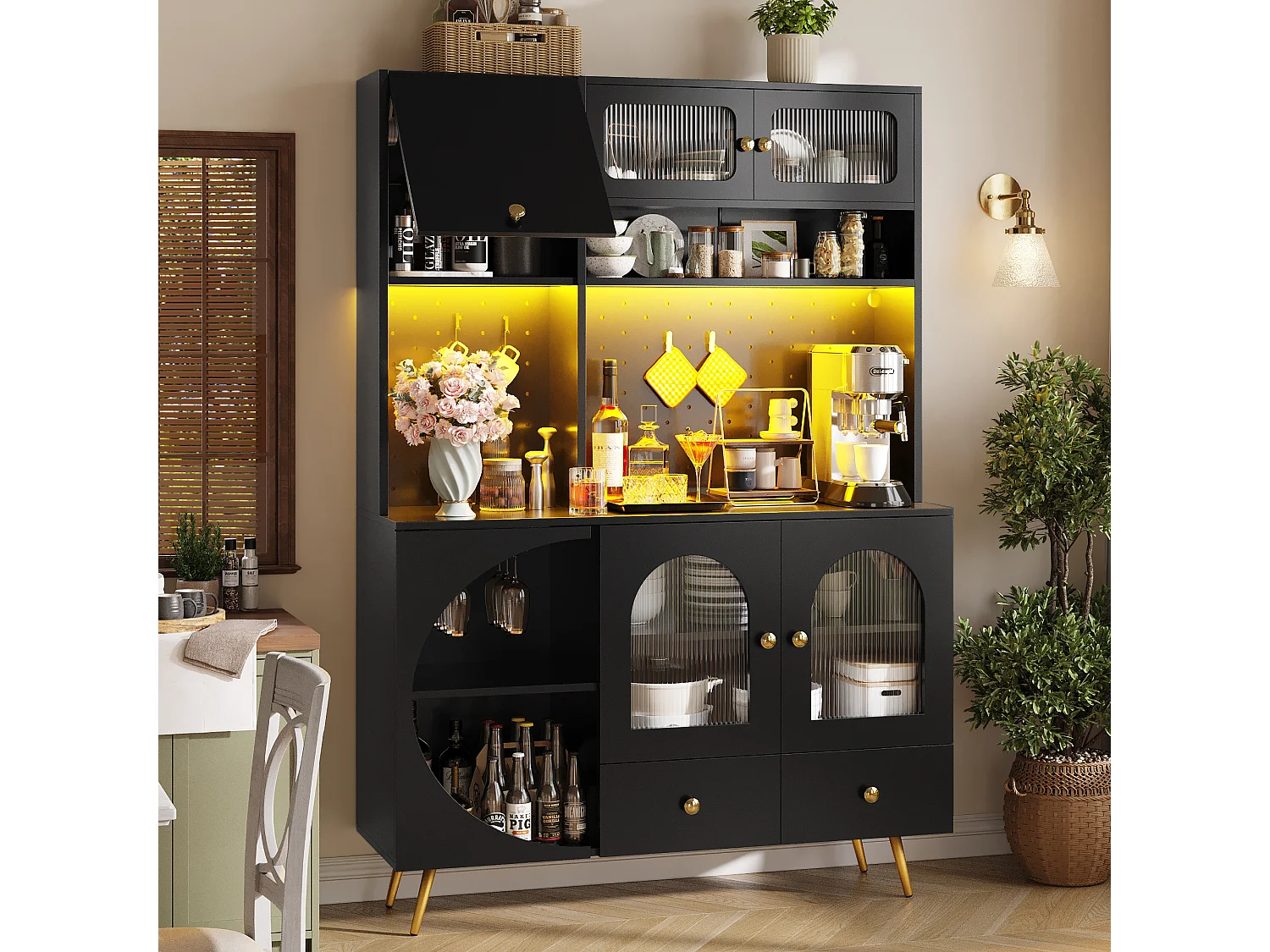 Buffet haut de cuisine moderne - 120 x 40 x 176 cm - avec Leds + USB + portes + tiroir + étagères en verre - MDF + verre - noir