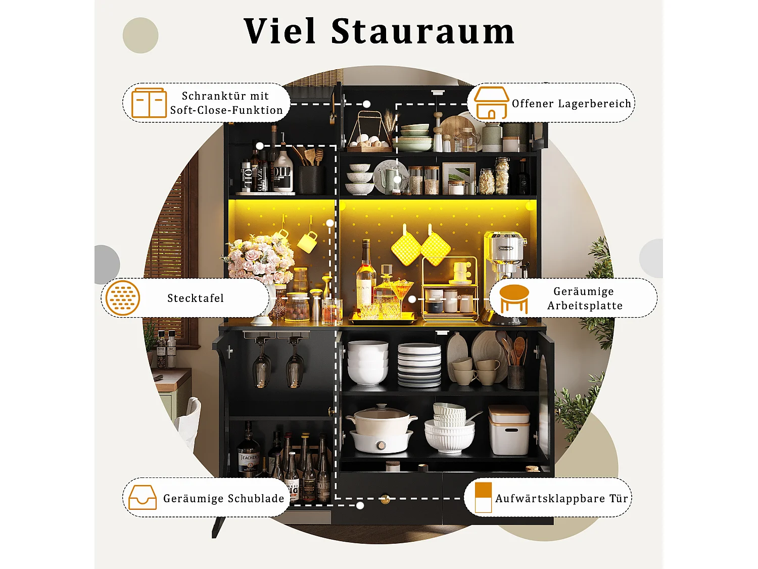 Buffet haut de cuisine moderne - 120 x 40 x 176 cm - avec Leds + USB + portes + tiroir + étagères en verre - MDF + verre - noir