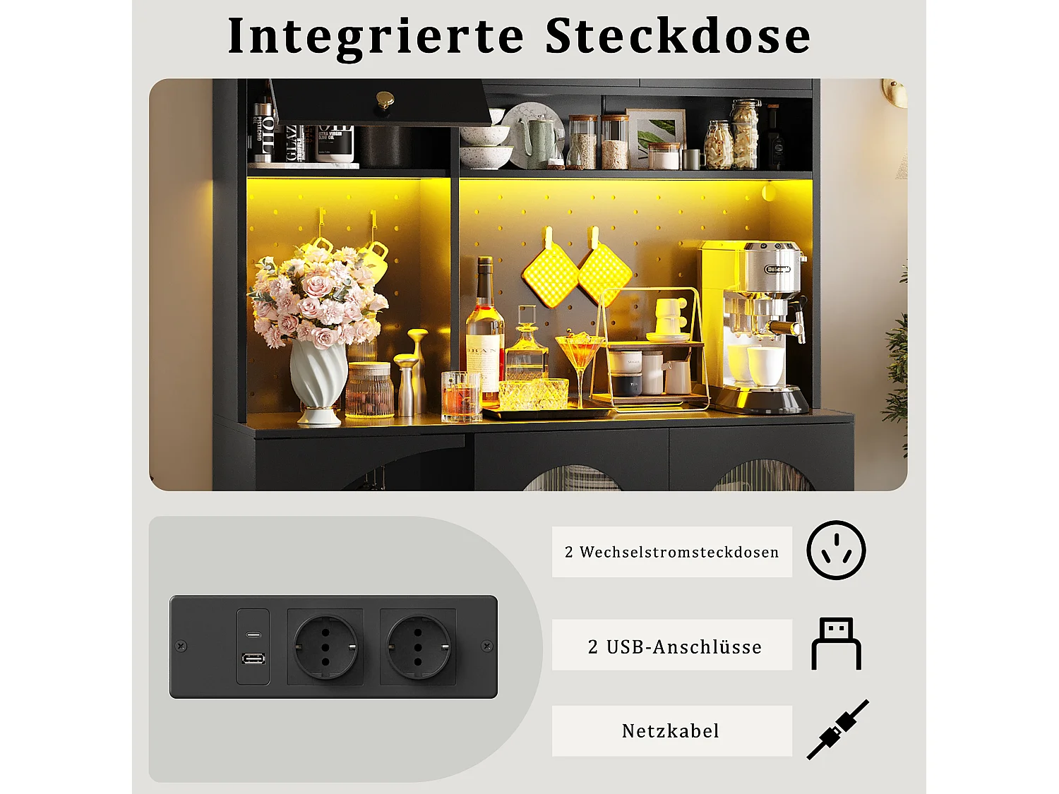 Buffet haut de cuisine moderne - 120 x 40 x 176 cm - avec Leds + USB + portes + tiroir + étagères en verre - MDF + verre - noir