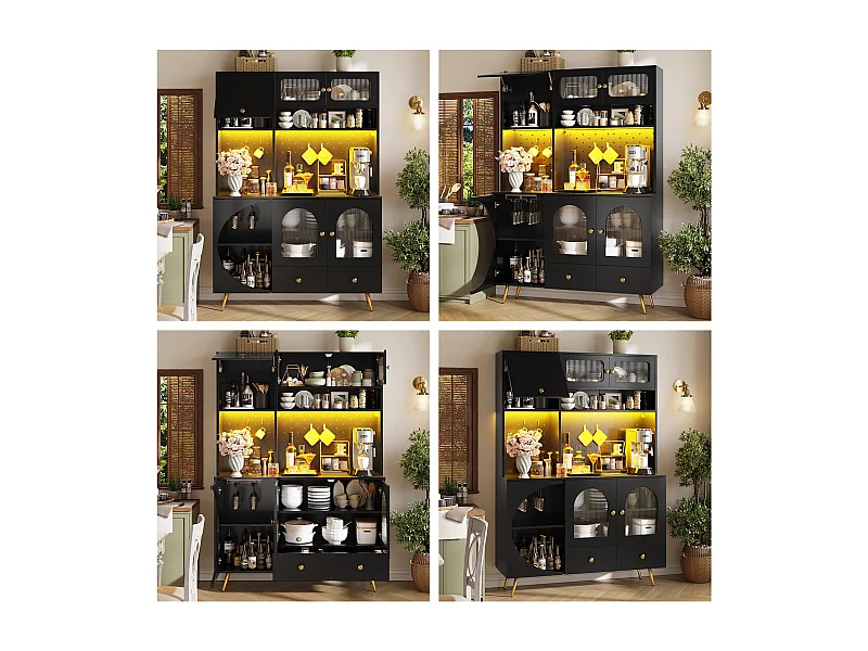 Buffet haut de cuisine moderne - 120 x 40 x 176 cm - avec Leds + USB + portes + tiroir + étagères en verre - MDF + verre - noir
