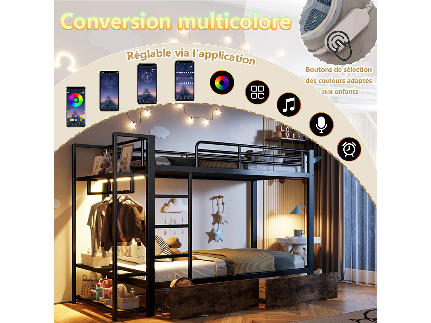 Lit superposé pour enfant - 2 x 90 x 200 cm - structure en fer - avec 2 tiroirs + étagères + Leds - métal - noir