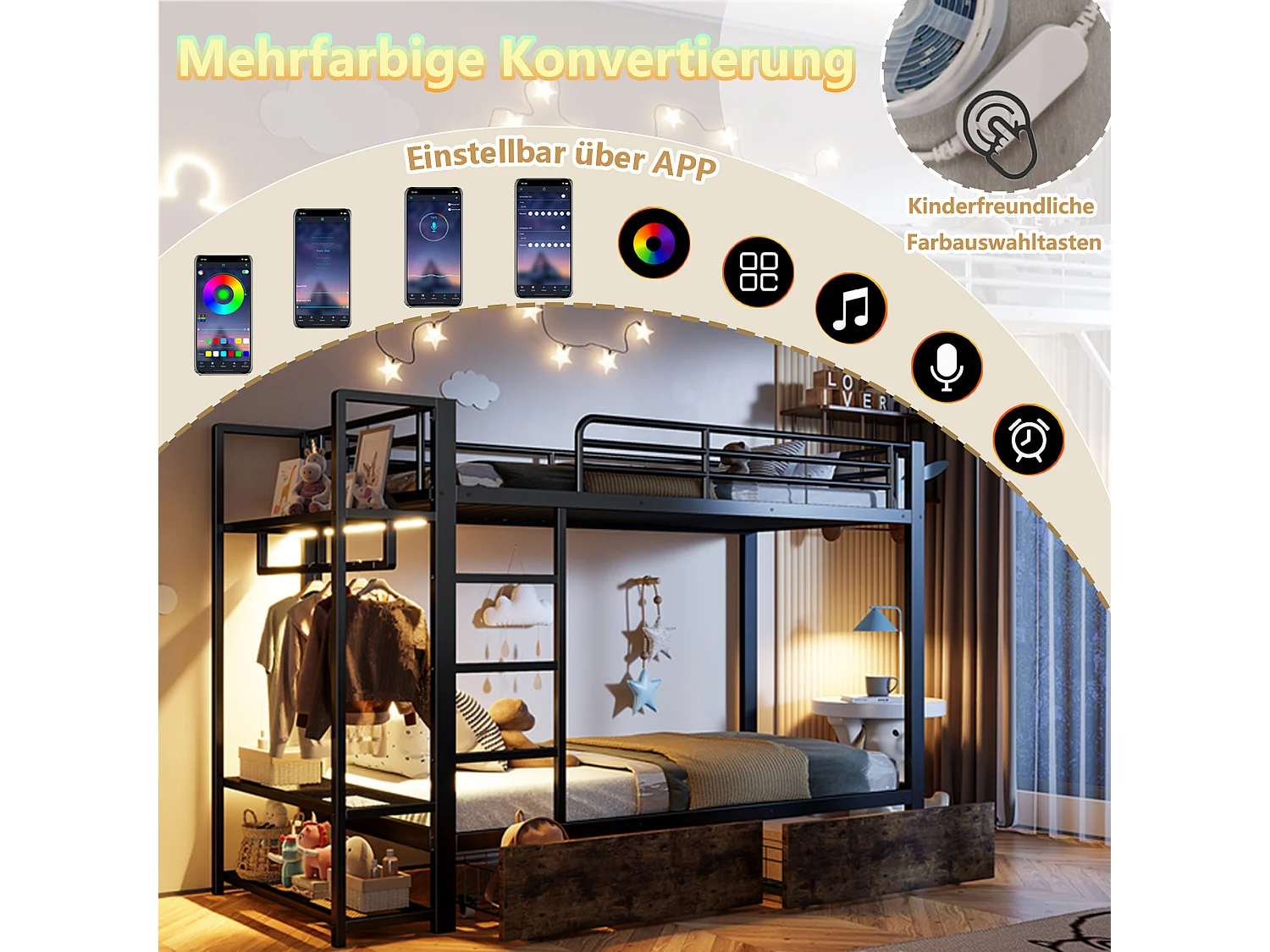 Lit superposé pour enfant - 2 x 90 x 200 cm - structure en fer - avec 2 tiroirs + étagères + Leds - métal - noir