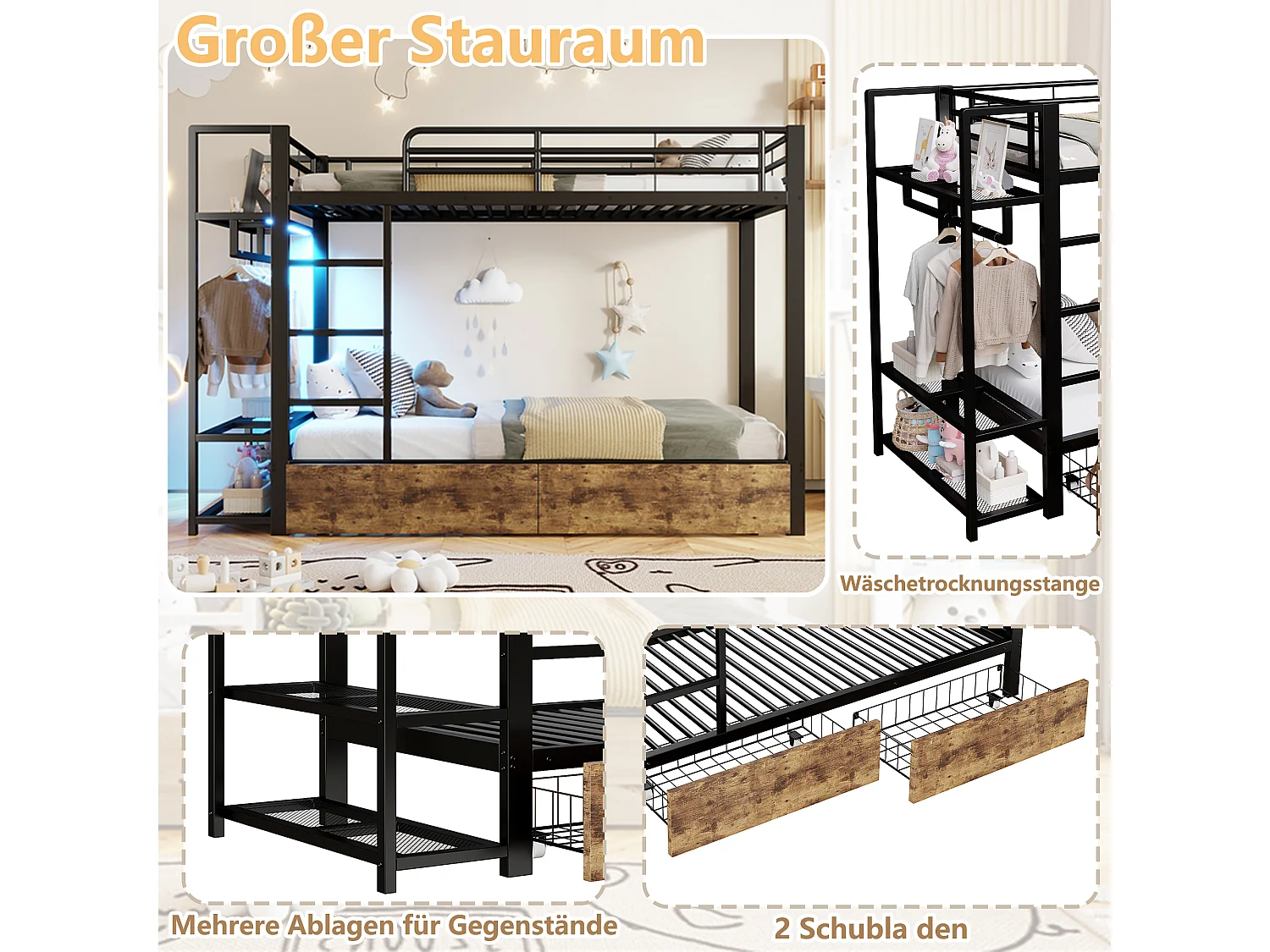 Lit superposé pour enfant - 2 x 90 x 200 cm - structure en fer - avec 2 tiroirs + étagères + Leds - métal - noir