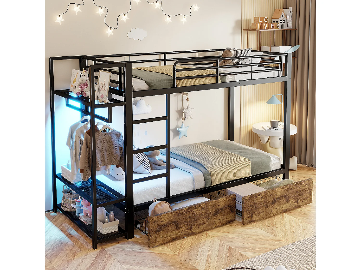 Lit superposé pour enfant - 2 x 90 x 200 cm - structure en fer - avec 2 tiroirs + étagères + Leds - métal - noir