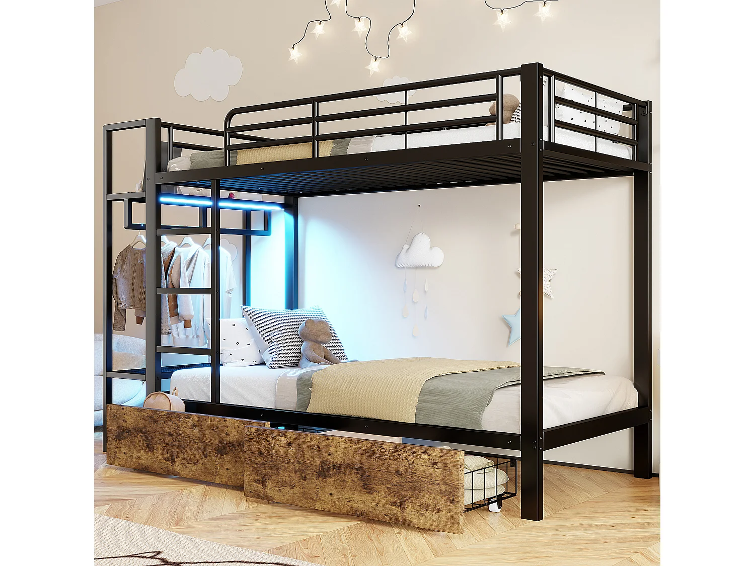 Lit superposé pour enfant - 2 x 90 x 200 cm - structure en fer - avec 2 tiroirs + étagères + Leds - métal - noir