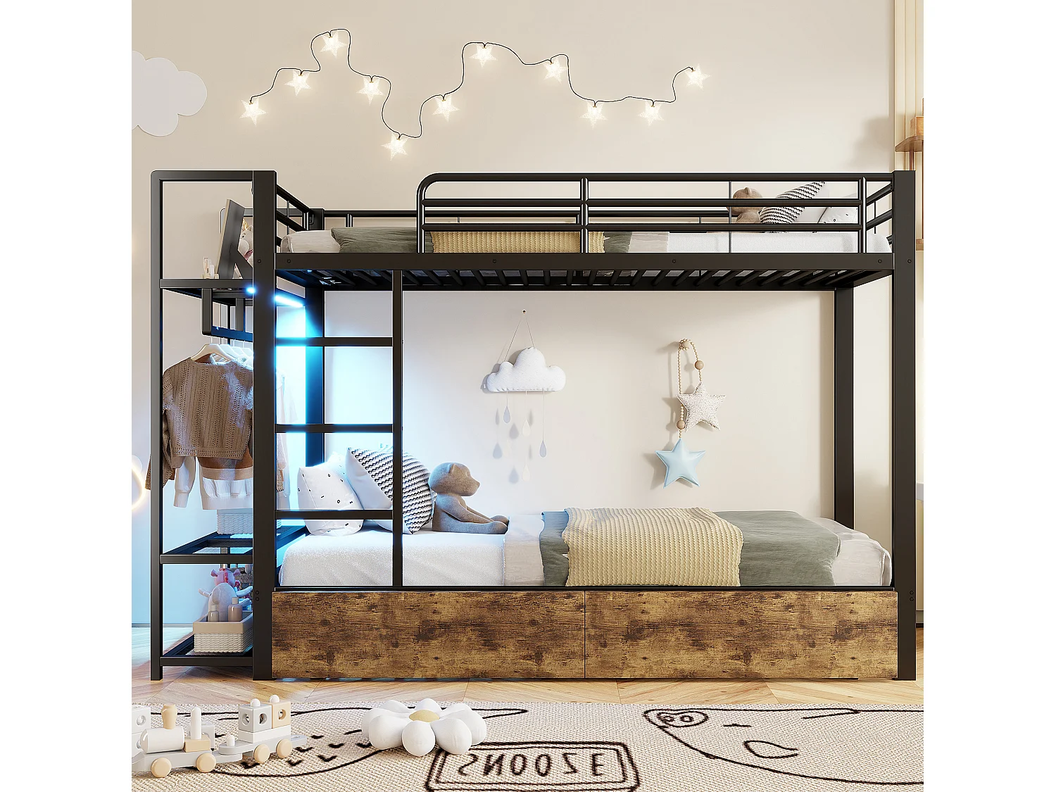 Lit superposé pour enfant - 2 x 90 x 200 cm - structure en fer - avec 2 tiroirs + étagères + Leds - métal - noir