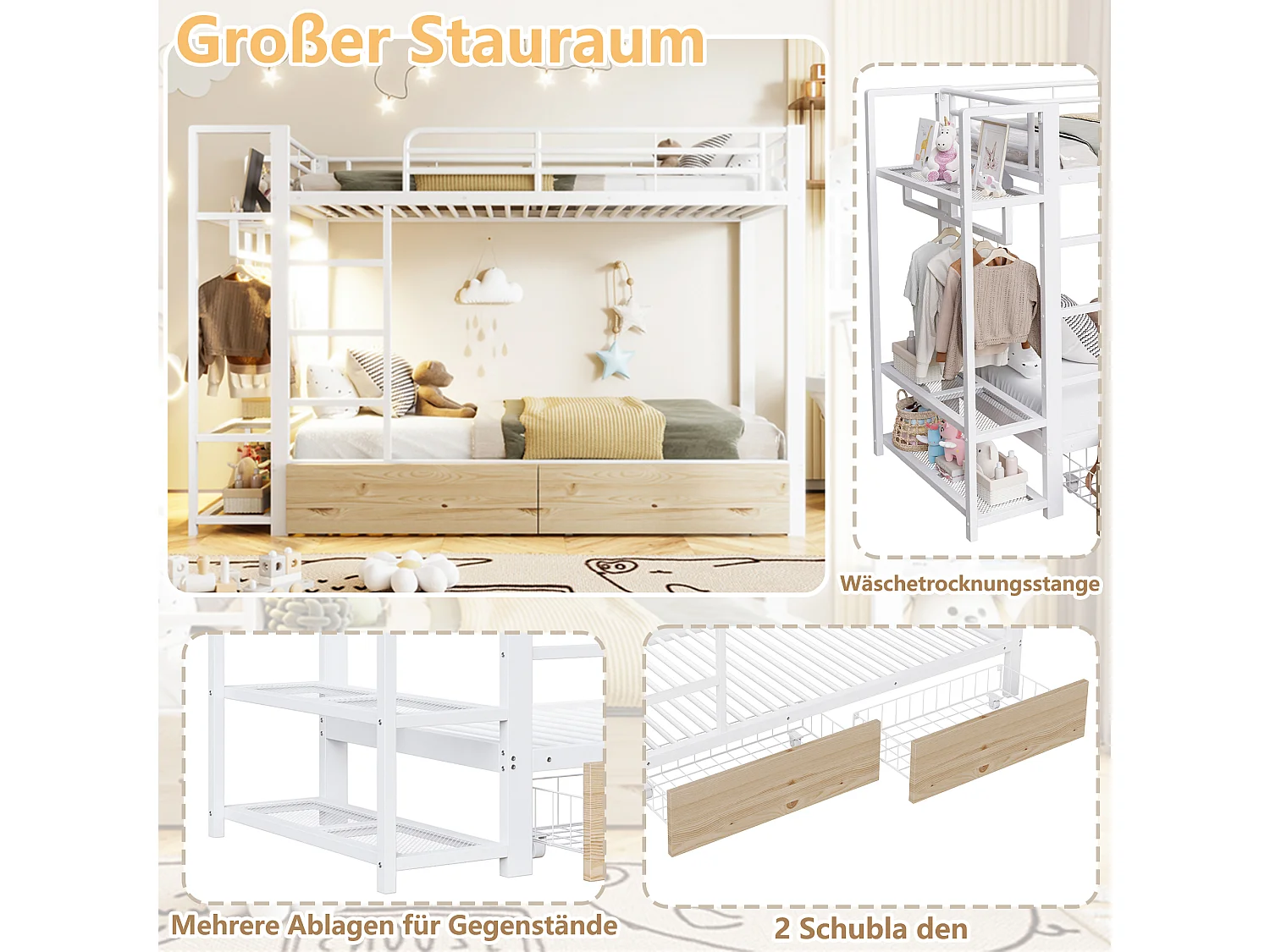 Lit superposé pour enfant - 2 x 90 x 200 cm - structure en fer - avec 2 tiroirs + étagères + Leds - métal - blanc