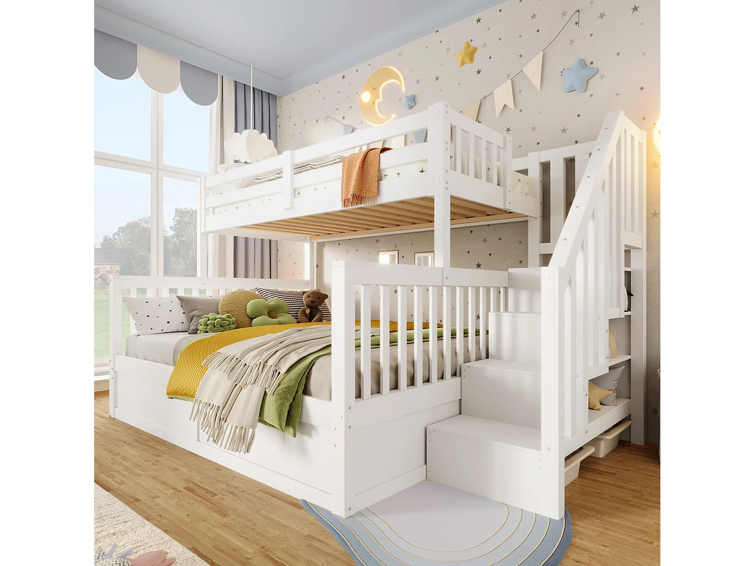 Lit superposé pour enfant - 90 x 200 cm + 140 x 200 cm - avec rangement hydraulique + escalier de rangement - bois - blanc