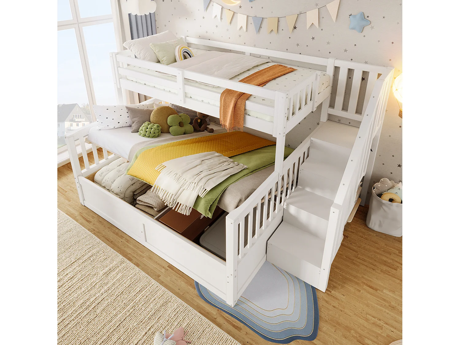 Lit superposé pour enfant - 90 x 200 cm + 140 x 200 cm - avec rangement hydraulique + escalier de rangement - bois - blanc