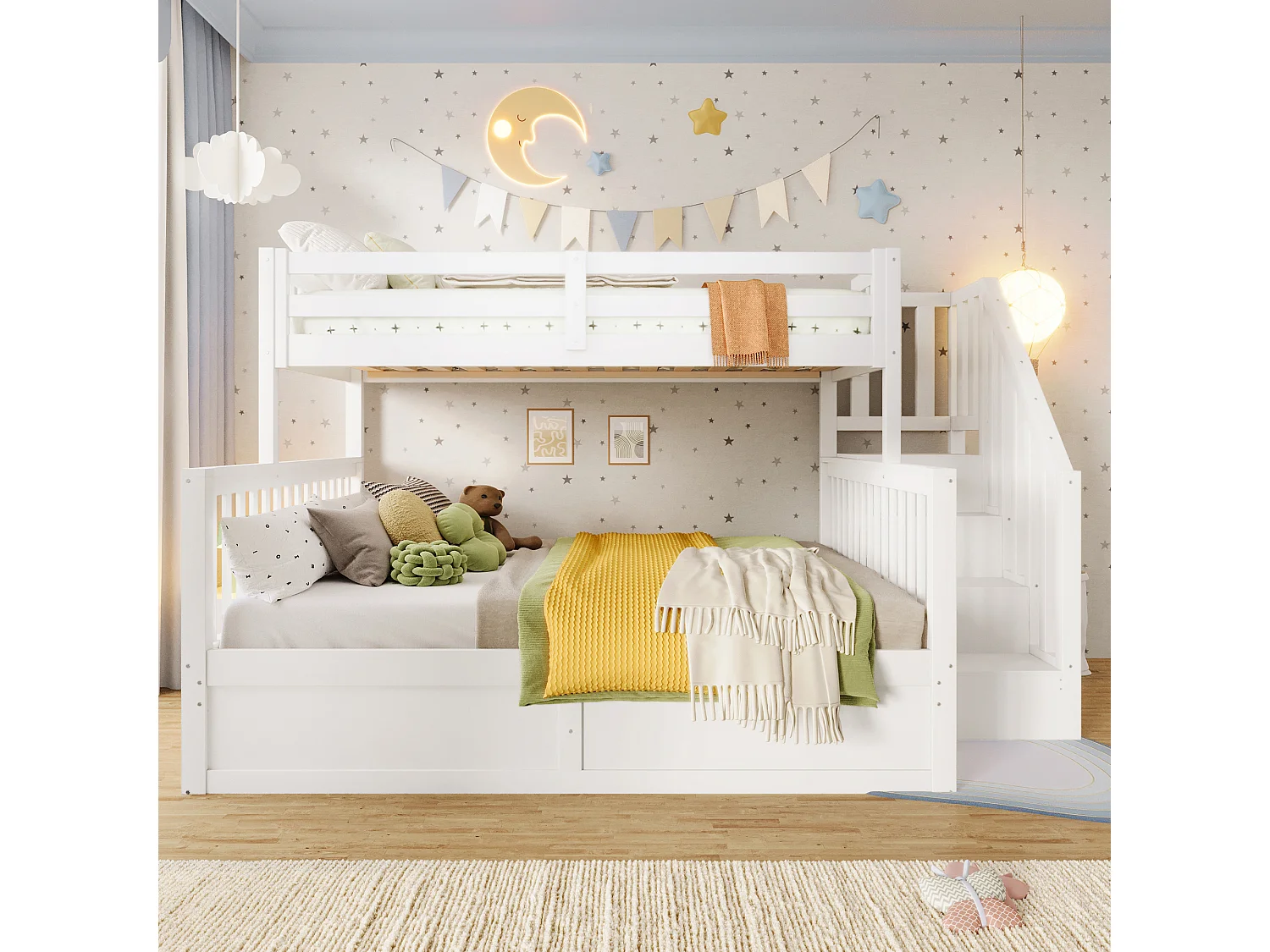 Lit superposé pour enfant - 90 x 200 cm + 140 x 200 cm - avec rangement hydraulique + escalier de rangement - bois - blanc