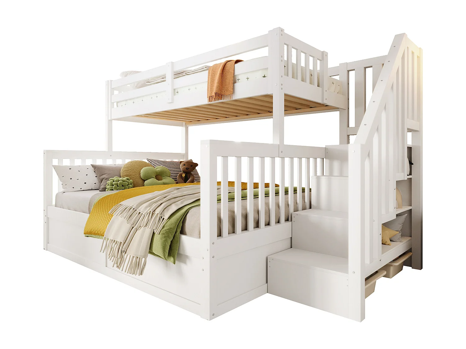 Lit superposé pour enfant - 90 x 200 cm + 140 x 200 cm - avec rangement hydraulique + escalier de rangement - bois - blanc