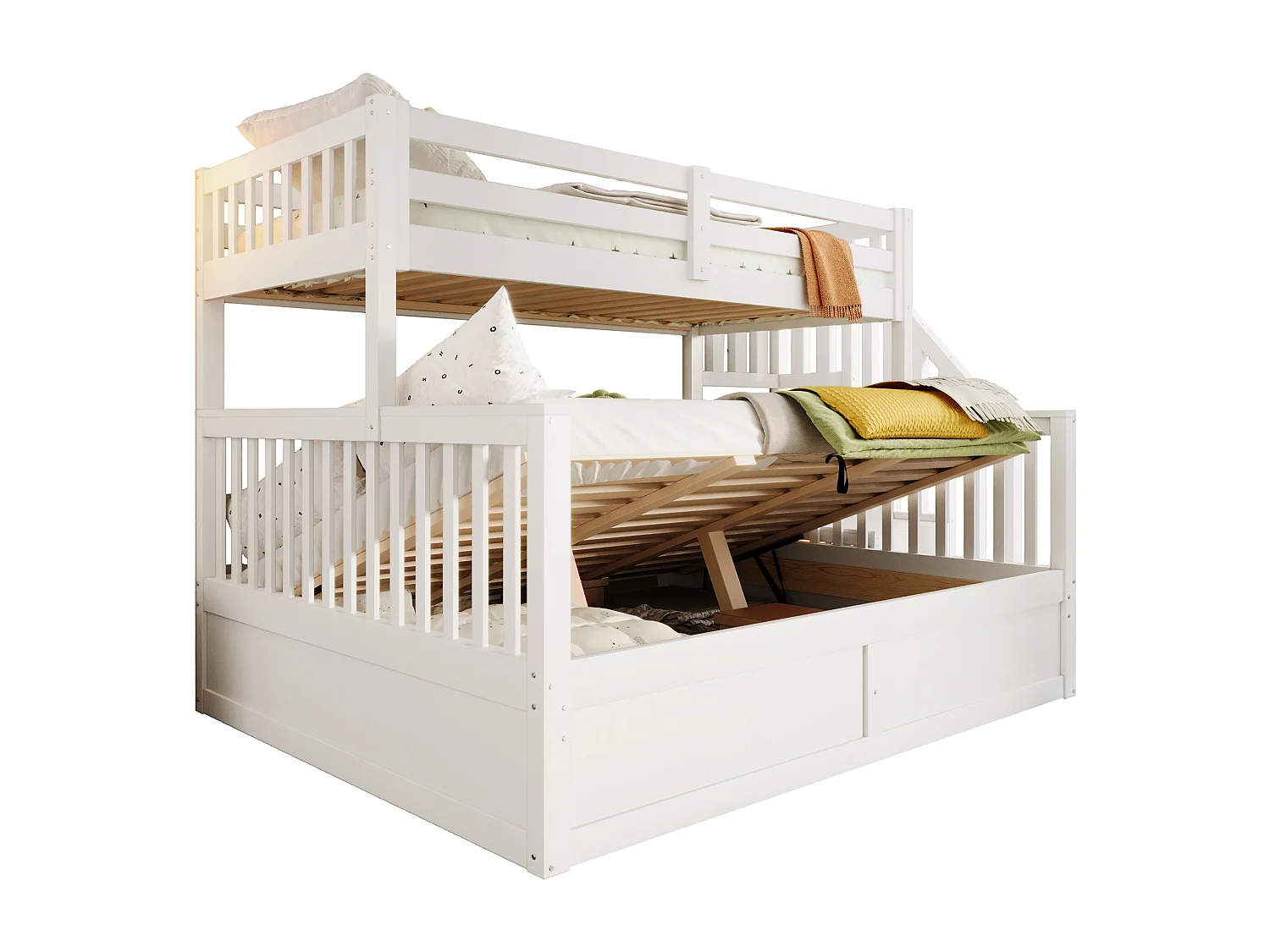 Lit superposé pour enfant - 90 x 200 cm + 140 x 200 cm - avec rangement hydraulique + escalier de rangement - bois - blanc