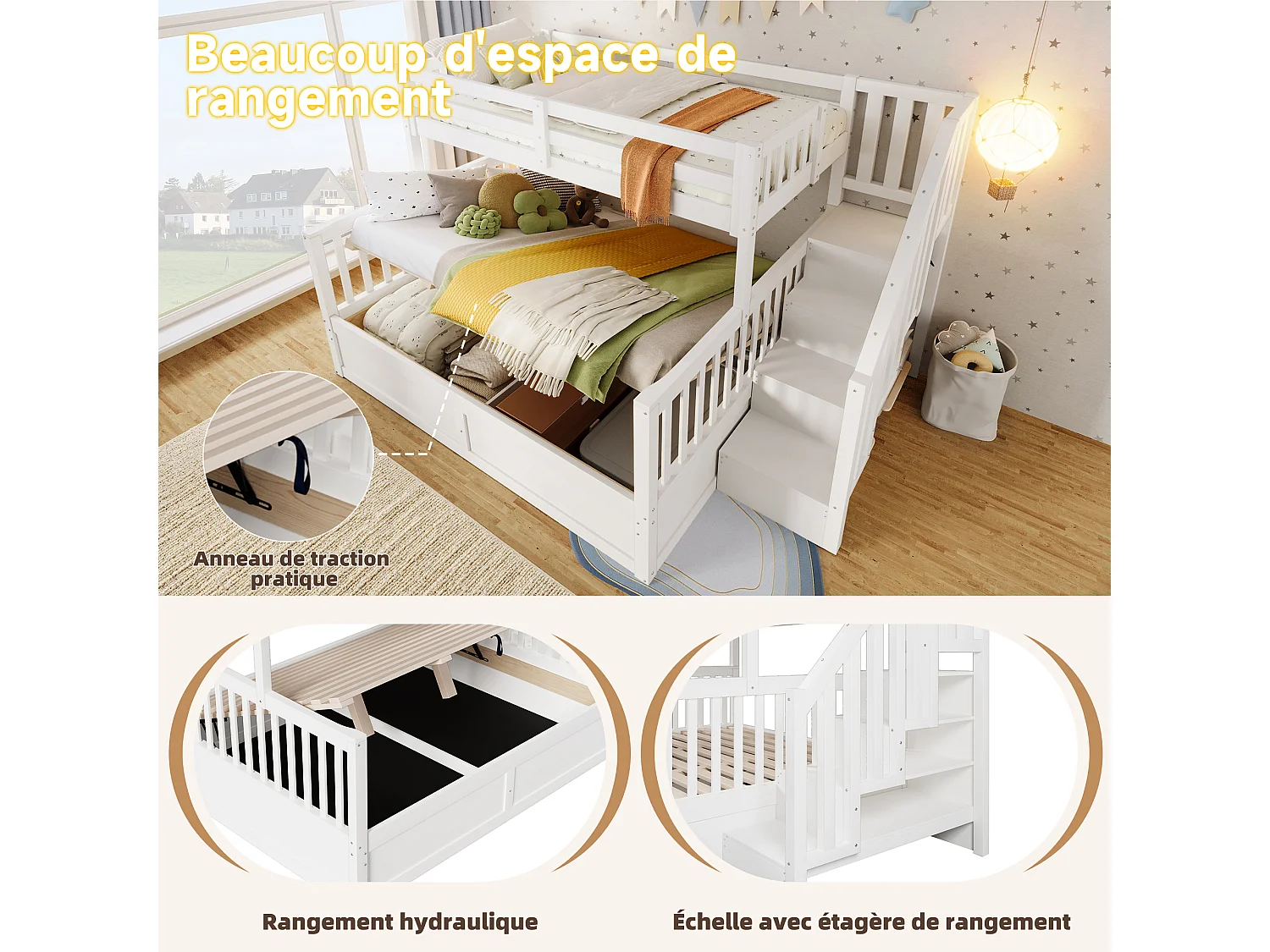 Lit superposé pour enfant - 90 x 200 cm + 140 x 200 cm - avec rangement hydraulique + escalier de rangement - bois - blanc