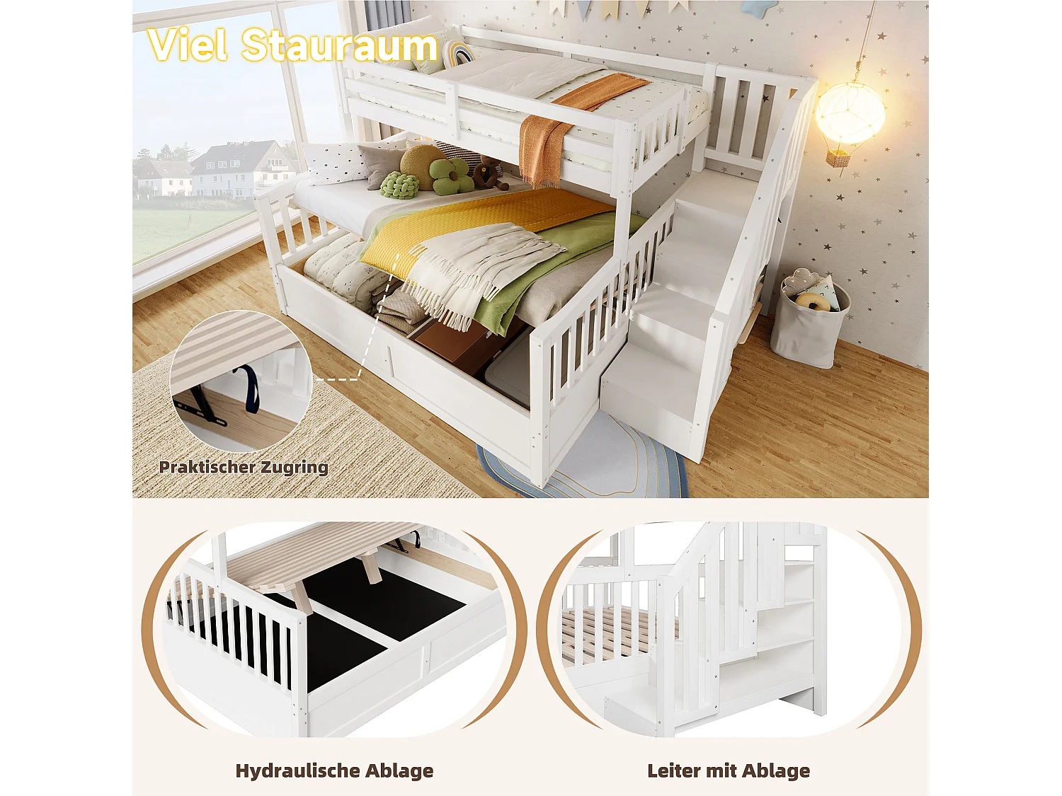 Lit superposé pour enfant - 90 x 200 cm + 140 x 200 cm - avec rangement hydraulique + escalier de rangement - bois - blanc