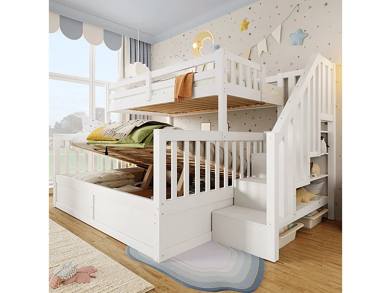 Lit superposé pour enfant - 90 x 200 cm + 140 x 200 cm - avec rangement hydraulique + escalier de rangement - bois - blanc