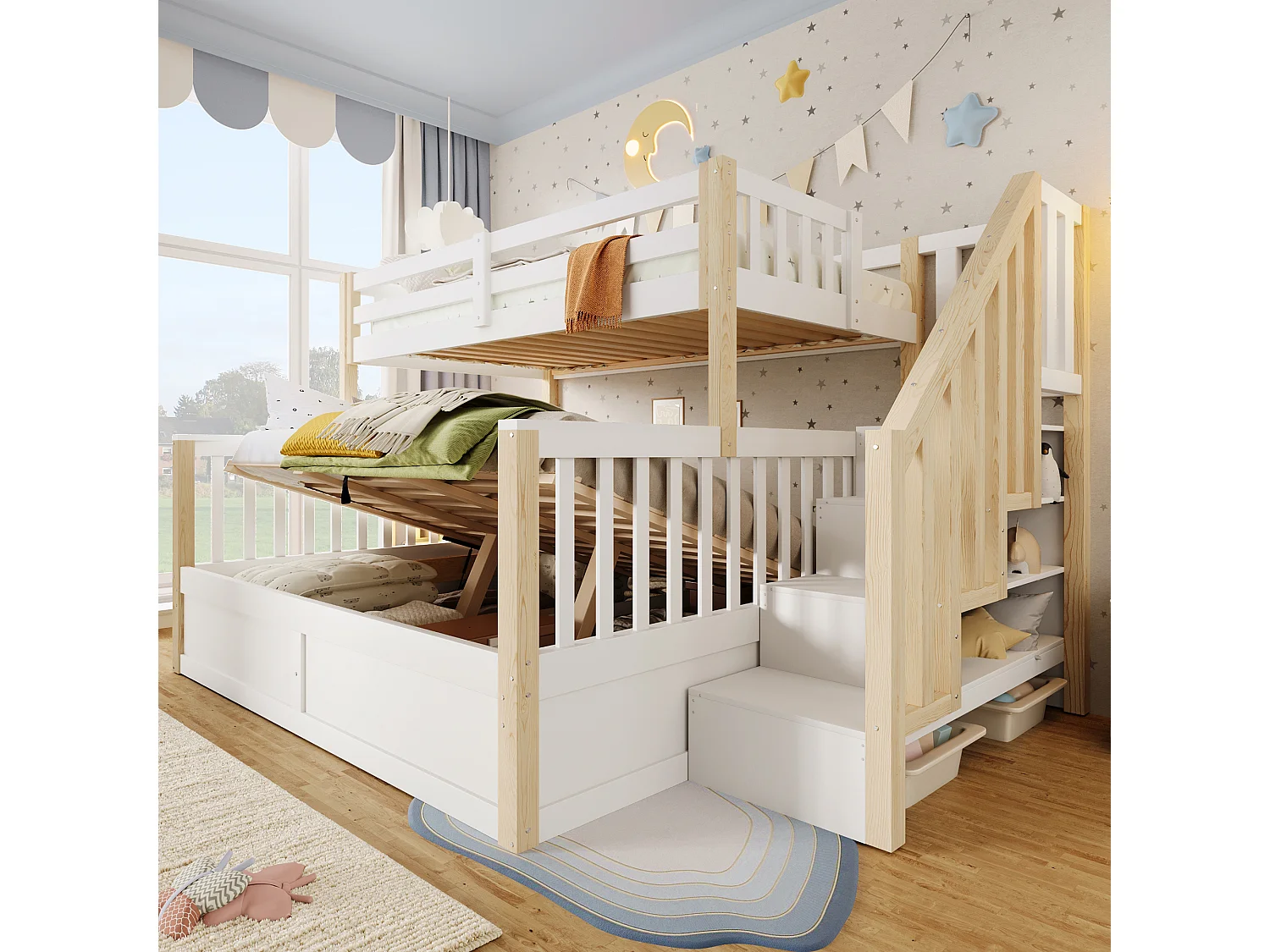 Lit superposé pour enfant - 90 x 200 cm + 140 x 200 cm - avec rangement hydraulique + escalier de rangement - bois - blanc + naturel
