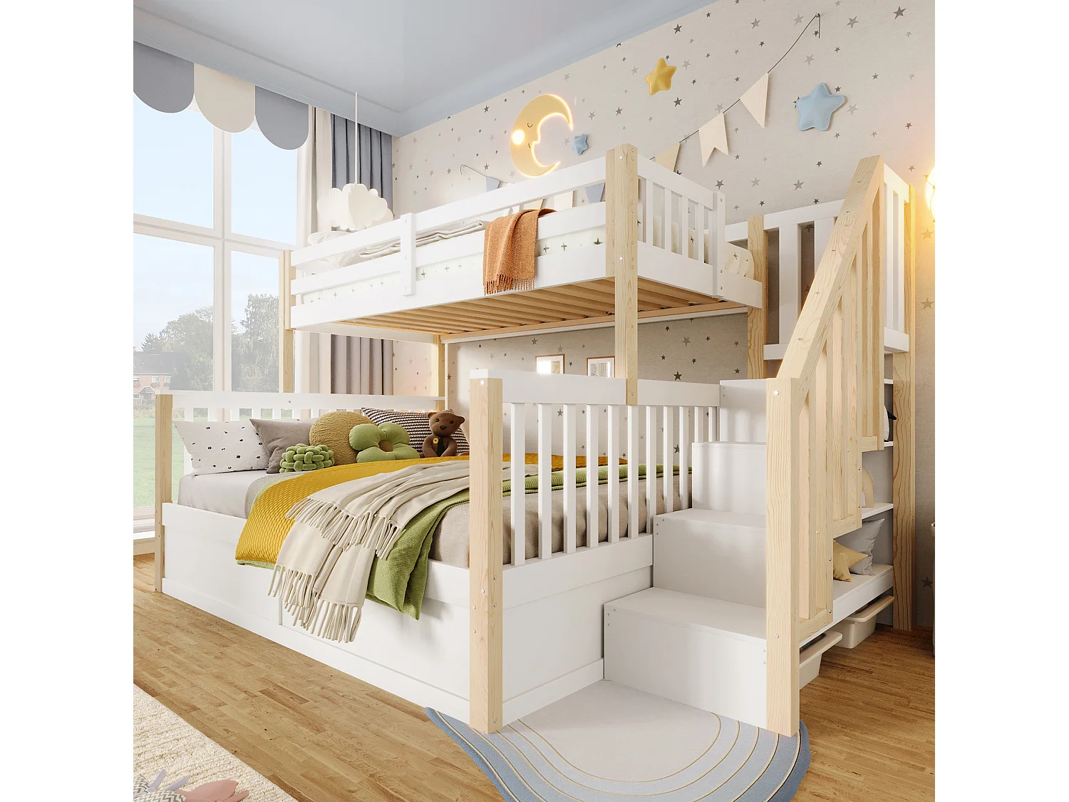 Lit superposé pour enfant - 90 x 200 cm + 140 x 200 cm - avec rangement hydraulique + escalier de rangement - bois - blanc + naturel