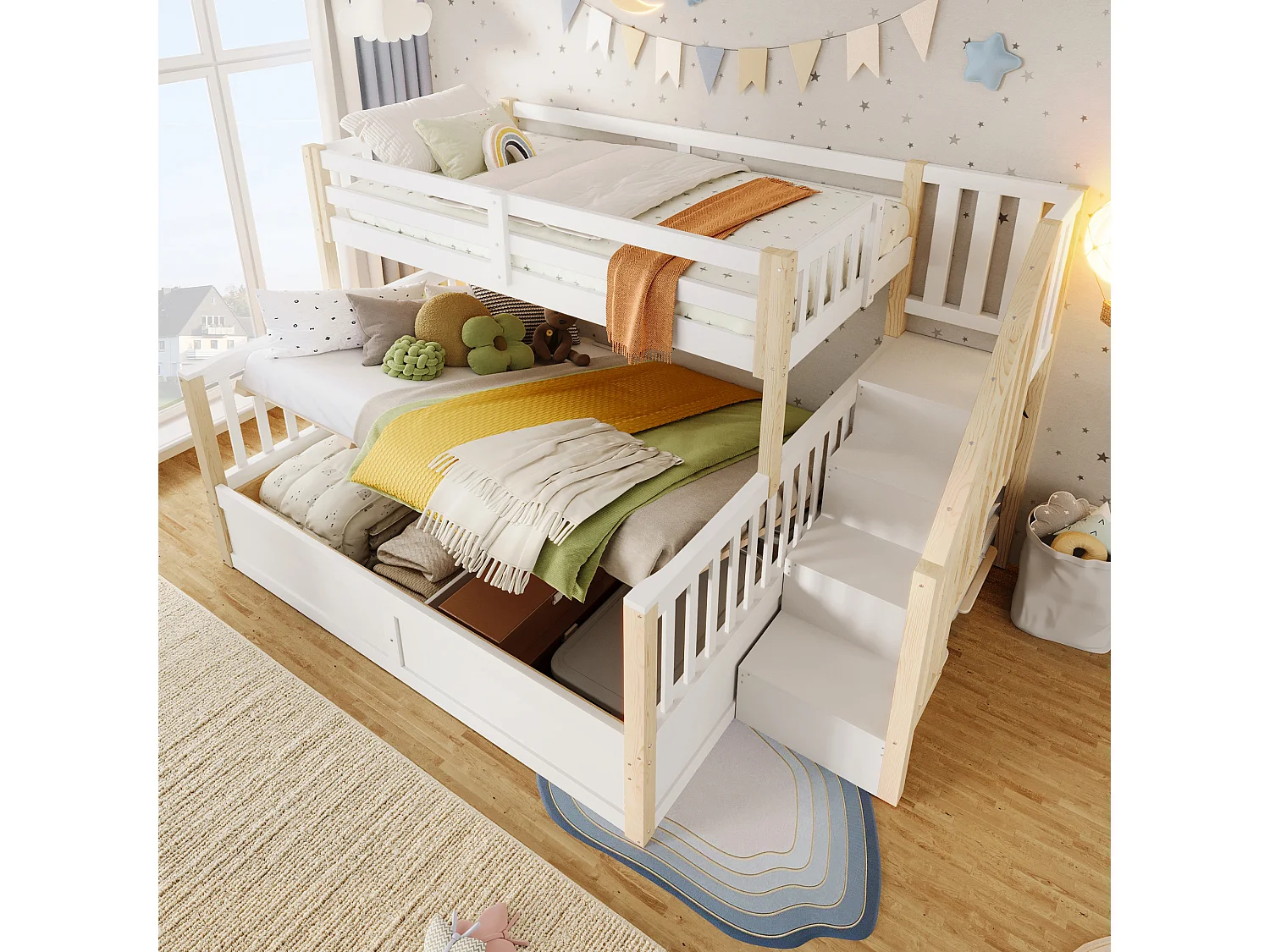Lit superposé pour enfant - 90 x 200 cm + 140 x 200 cm - avec rangement hydraulique + escalier de rangement - bois - blanc + naturel