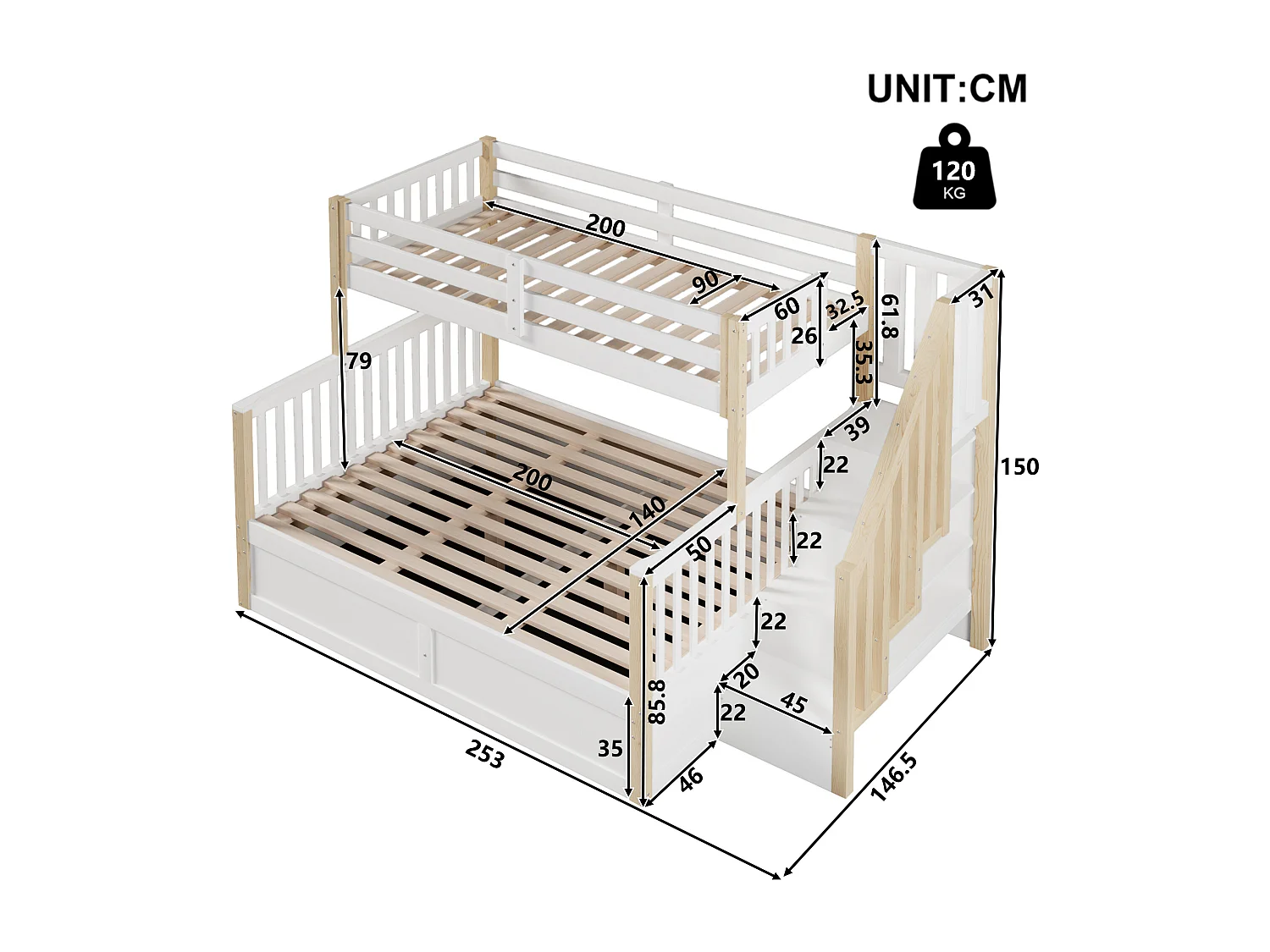Lit superposé pour enfant - 90 x 200 cm + 140 x 200 cm - avec rangement hydraulique + escalier de rangement - bois - blanc + naturel