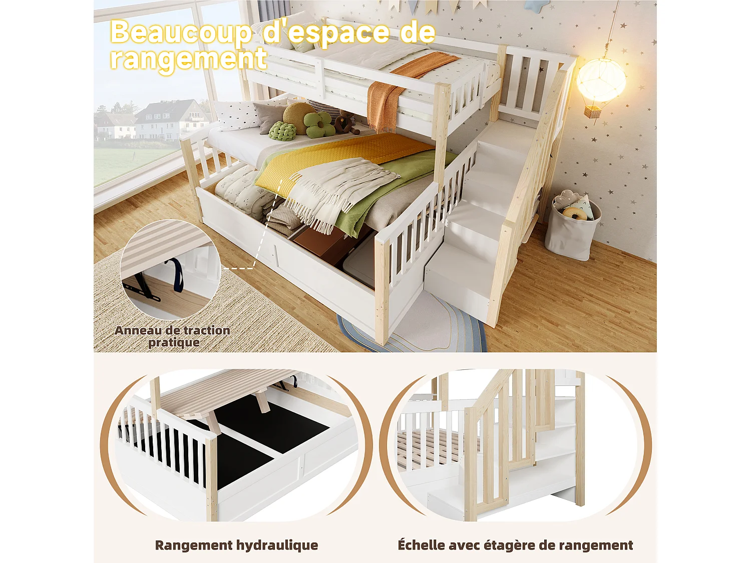 Lit superposé pour enfant - 90 x 200 cm + 140 x 200 cm - avec rangement hydraulique + escalier de rangement - bois - blanc + naturel