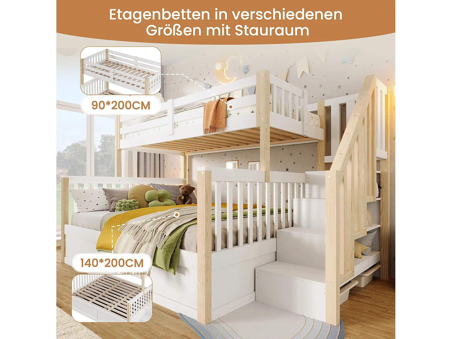 Lit superposé pour enfant - 90 x 200 cm + 140 x 200 cm - avec rangement hydraulique + escalier de rangement - bois - blanc + naturel