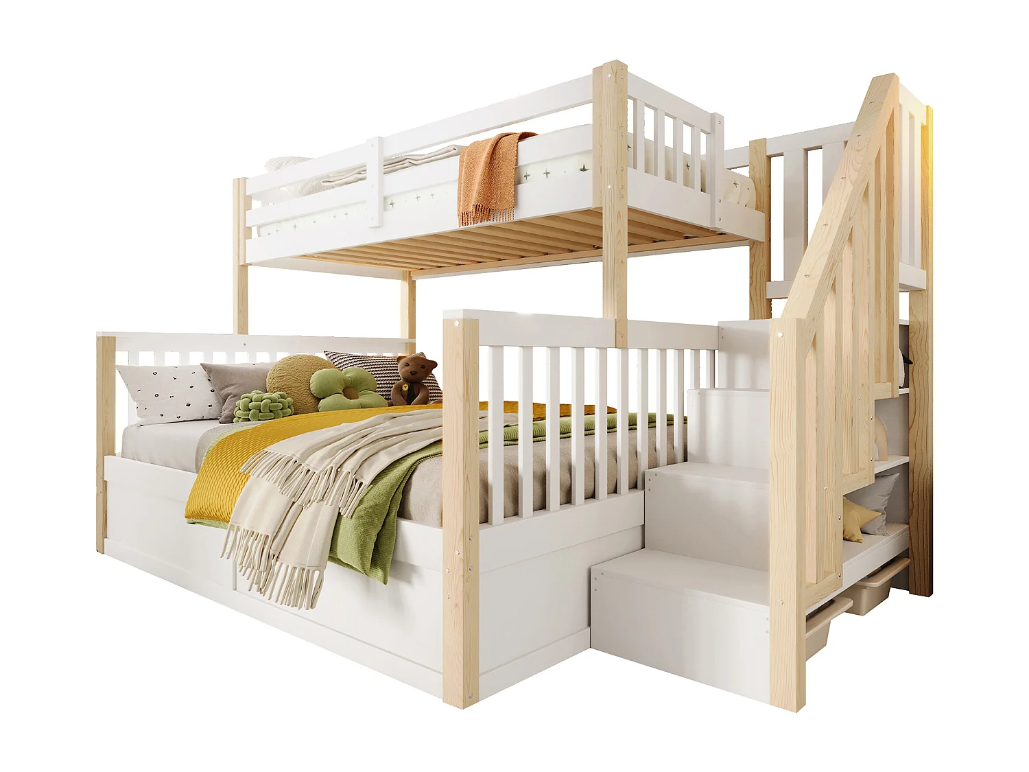 Lit superposé pour enfant - 90 x 200 cm + 140 x 200 cm - avec rangement hydraulique + escalier de rangement - bois - blanc + naturel