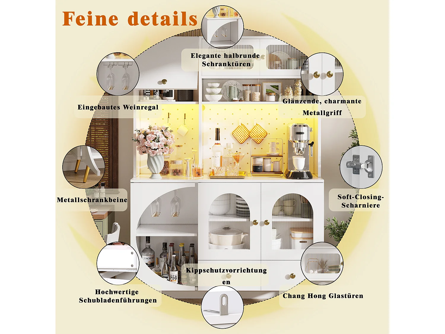 Buffet haut de cuisine moderne - 120 x 40 x 176 cm - avec Leds + USB + portes + tiroir + étagères en verre - MDF + verre - blanc