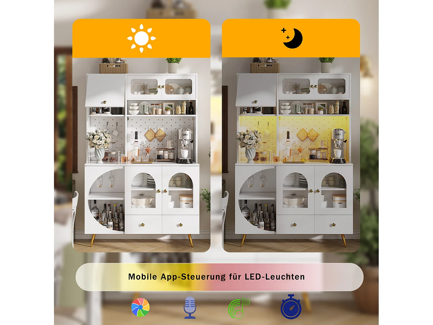 Buffet haut de cuisine moderne - 120 x 40 x 176 cm - avec Leds + USB + portes + tiroir + étagères en verre - MDF + verre - blanc