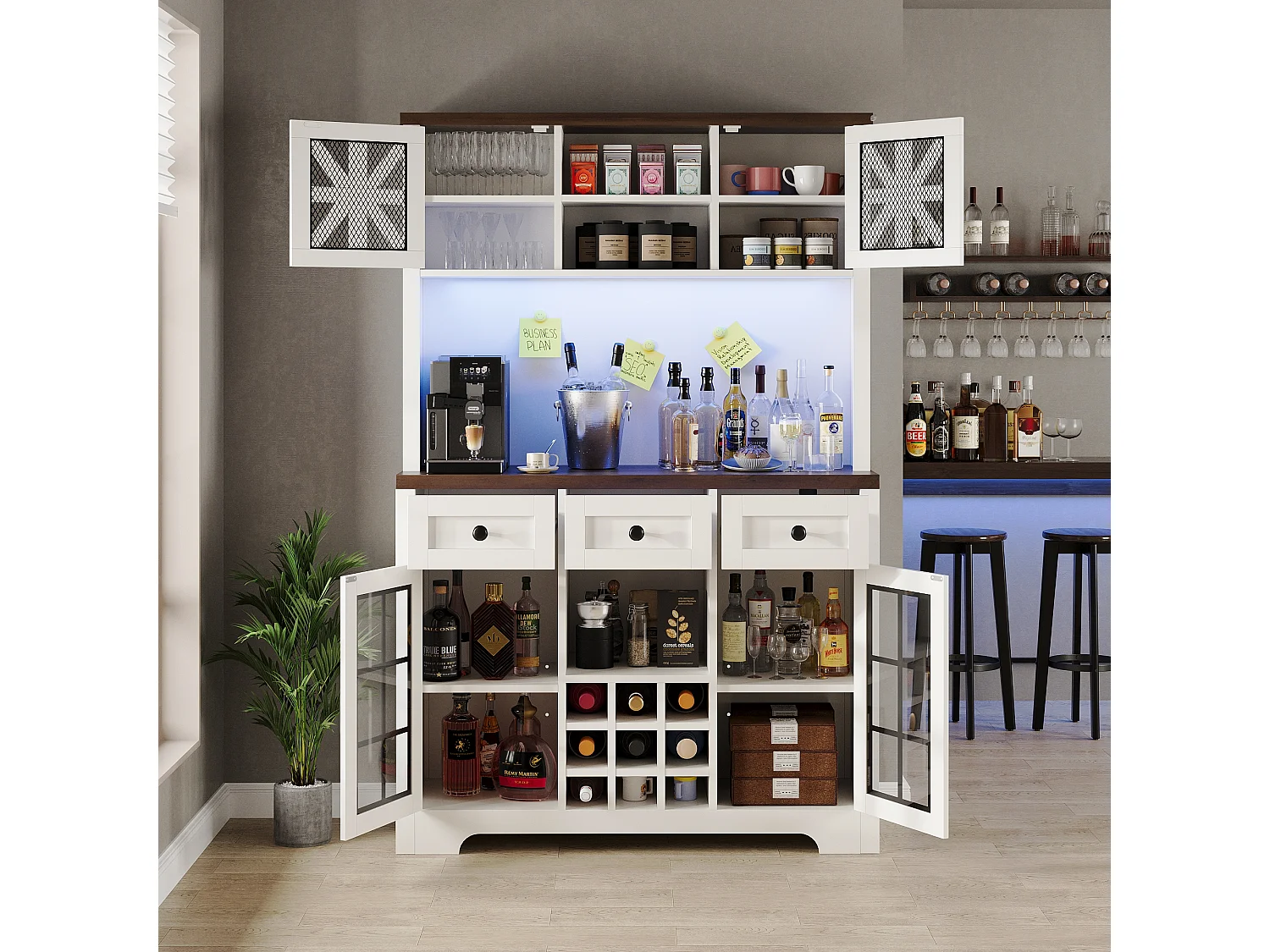 Buffet haut de cuisine moderne - 120 x 40 x 180 cm - avec 4 portes en verre + 3 tiroirs + étagères + Leds - MDF + verre - blanc