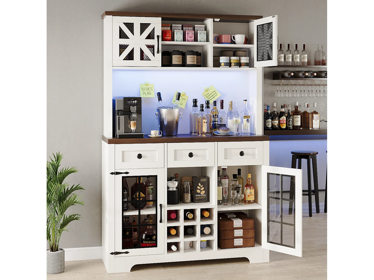 Buffet haut de cuisine moderne - 120 x 40 x 180 cm - avec 4 portes en verre + 3 tiroirs + étagères + Leds - MDF + verre - blanc