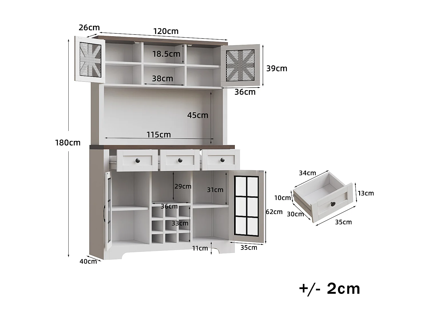 Buffet haut de cuisine moderne - 120 x 40 x 180 cm - avec 4 portes en verre + 3 tiroirs + étagères + Leds - MDF + verre - blanc