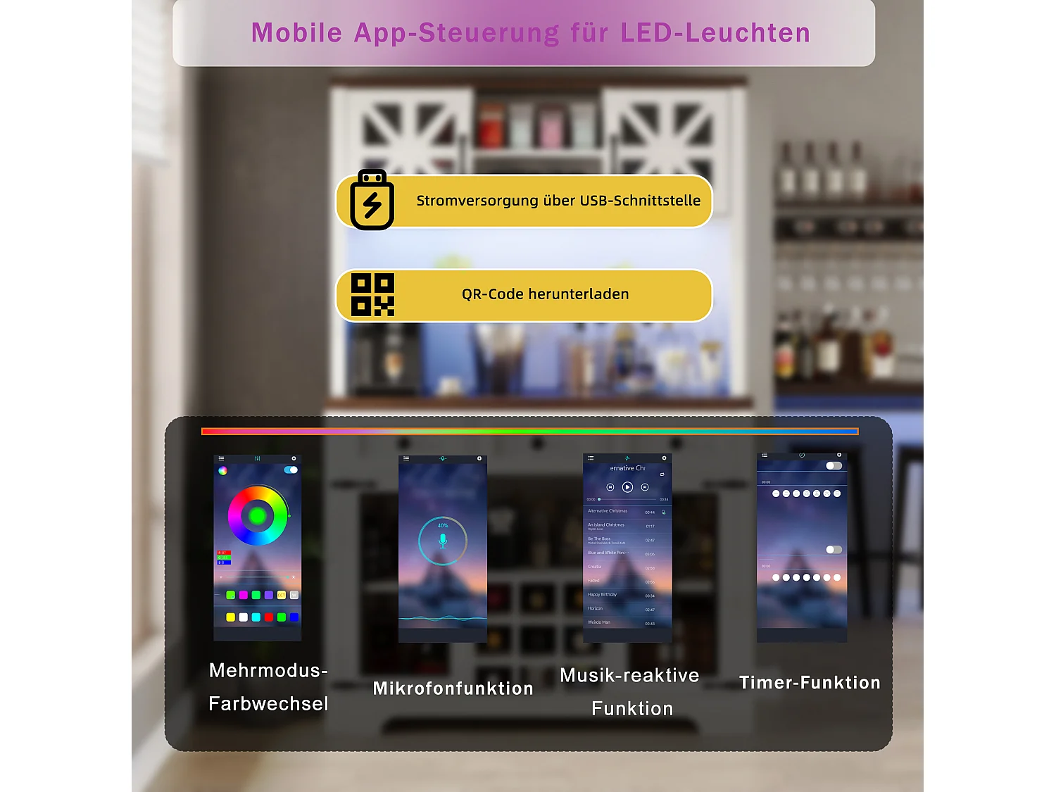 Buffet haut de cuisine moderne - 120 x 40 x 180 cm - avec 4 portes en verre + 3 tiroirs + étagères + Leds - MDF + verre - blanc