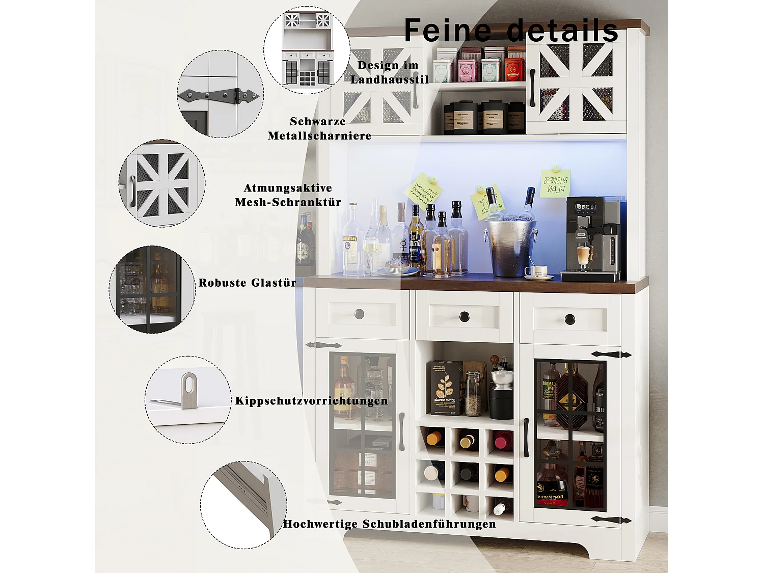 Buffet haut de cuisine moderne - 120 x 40 x 180 cm - avec 4 portes en verre + 3 tiroirs + étagères + Leds - MDF + verre - blanc