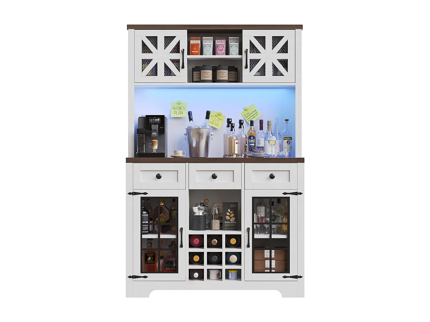 Buffet haut de cuisine moderne - 120 x 40 x 180 cm - avec 4 portes en verre + 3 tiroirs + étagères + Leds - MDF + verre - blanc