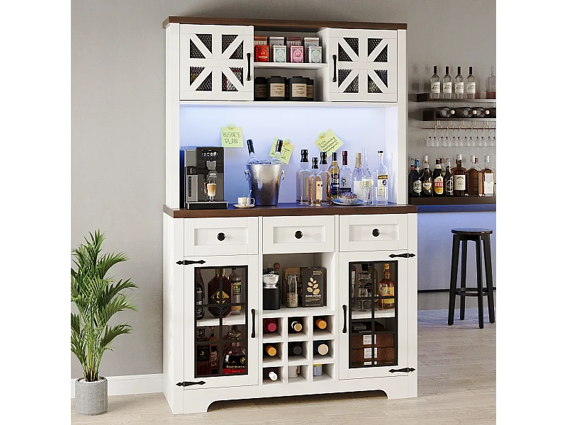 Buffet haut de cuisine moderne - 120 x 40 x 180 cm - avec 4 portes en verre + 3 tiroirs + étagères + Leds - MDF + verre - blanc