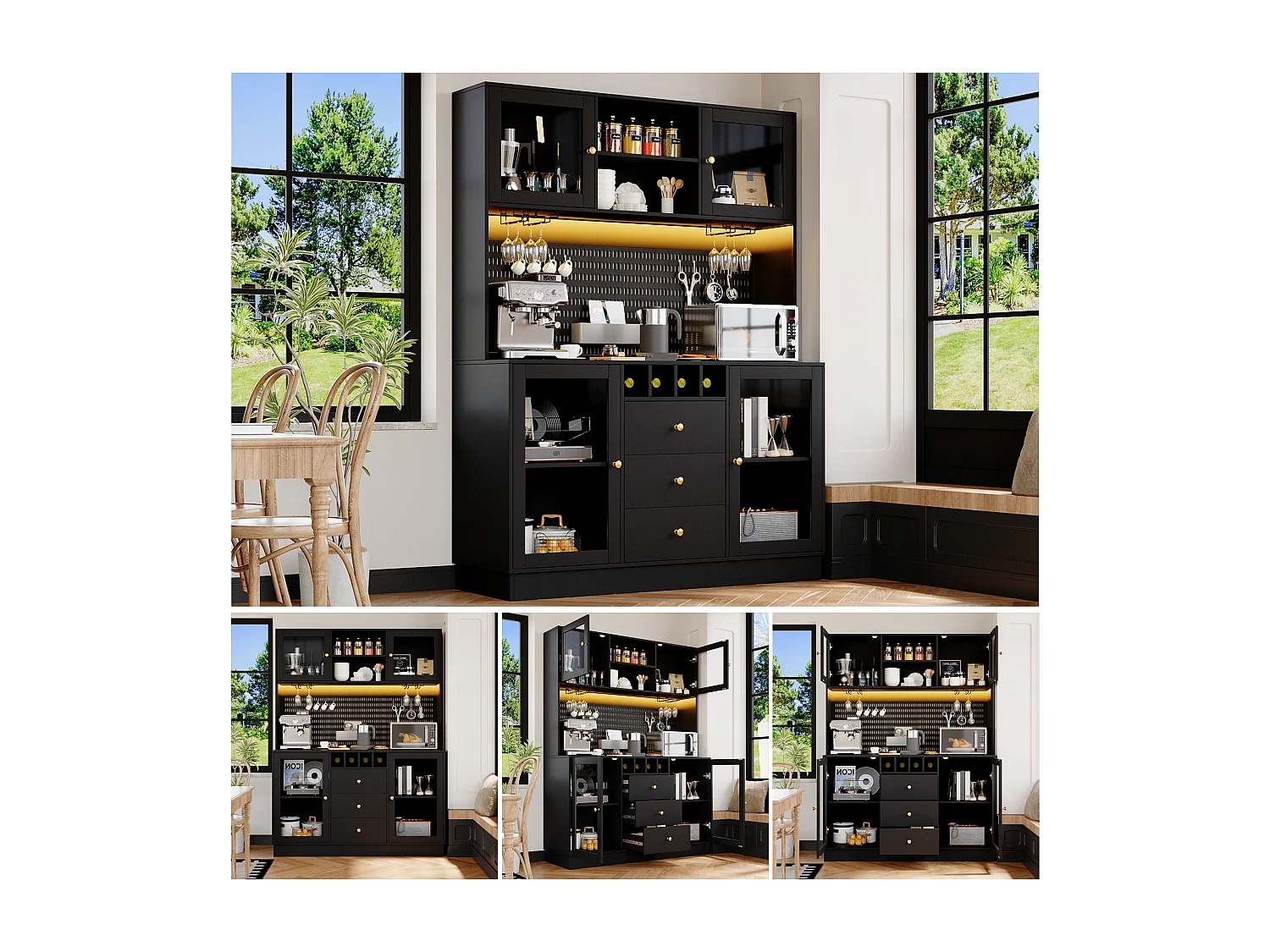 Buffet haut de cuisine moderne - 140 x 40 x 185.7 cm - avec 4 portes en verre + 3 tiroirs + étagères + Leds - MDF + verre - noir