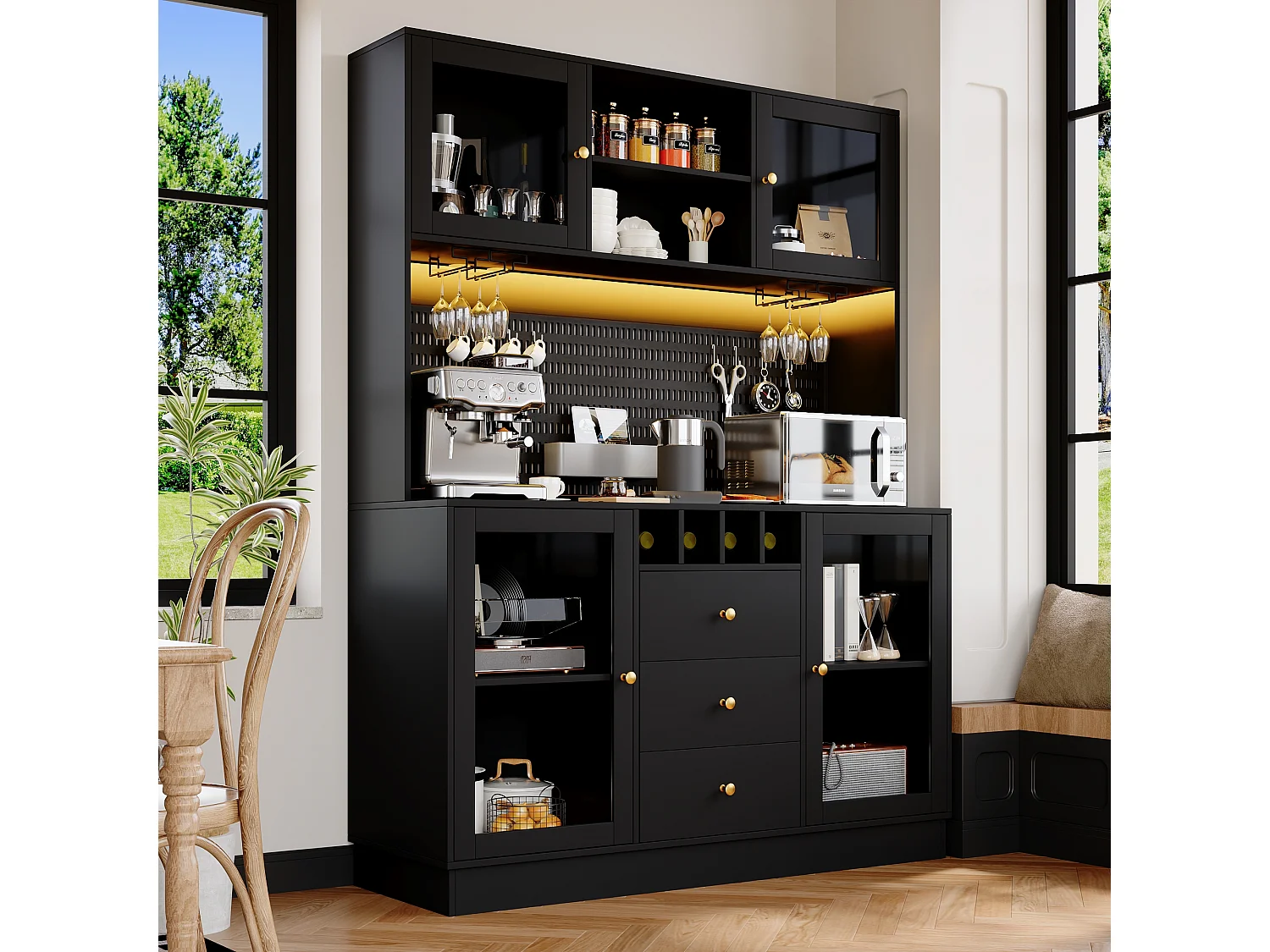 Buffet haut de cuisine moderne - 140 x 40 x 185.7 cm - avec 4 portes en verre + 3 tiroirs + étagères + Leds - MDF + verre - noir