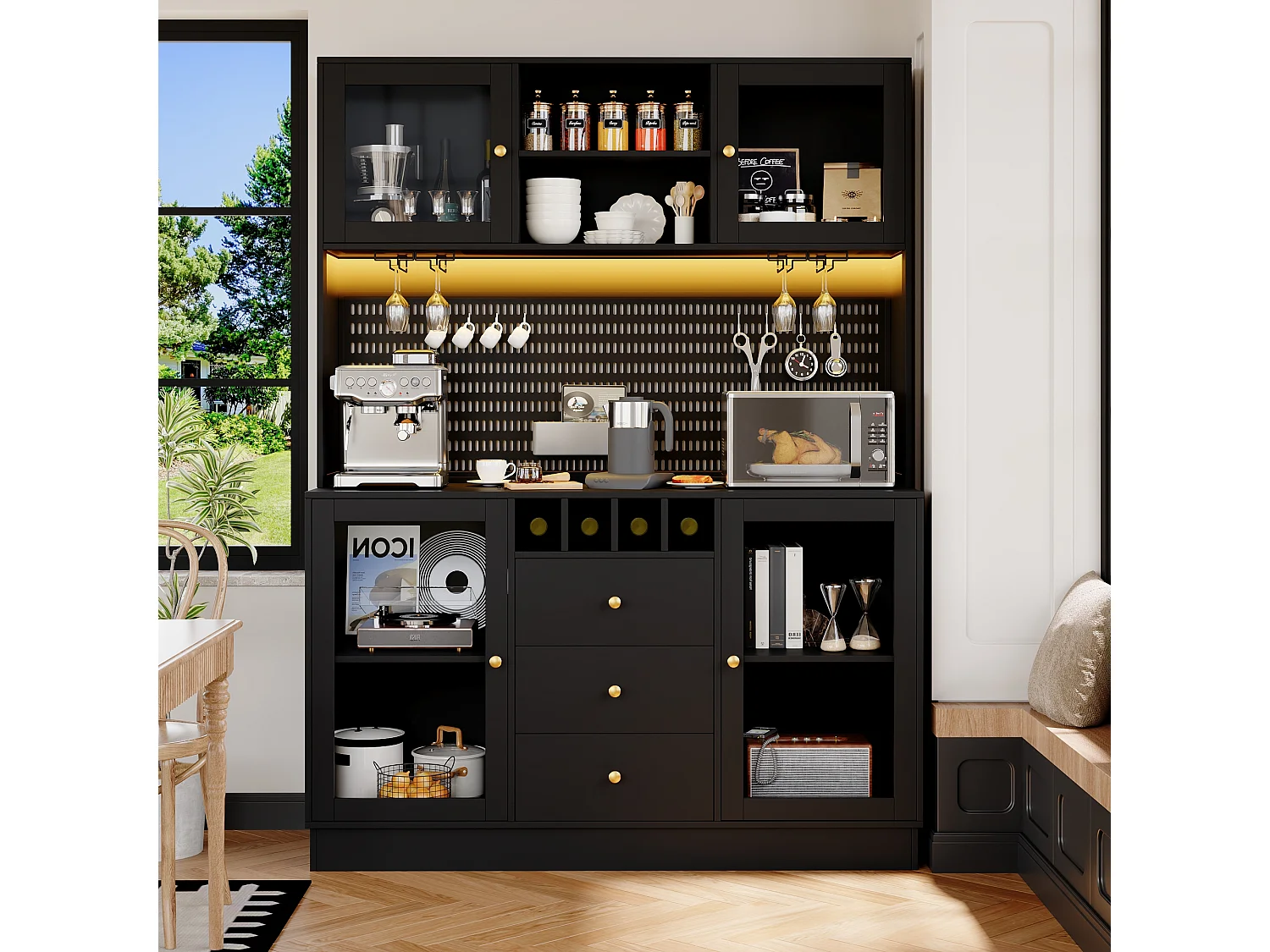 Buffet haut de cuisine moderne - 140 x 40 x 185.7 cm - avec 4 portes en verre + 3 tiroirs + étagères + Leds - MDF + verre - noir
