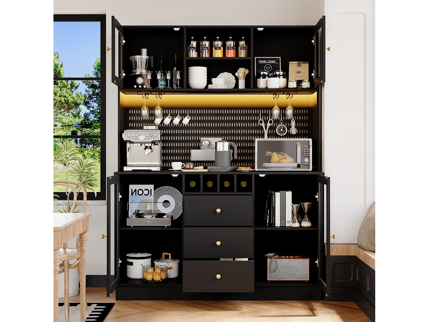 Buffet haut de cuisine moderne - 140 x 40 x 185.7 cm - avec 4 portes en verre + 3 tiroirs + étagères + Leds - MDF + verre - noir