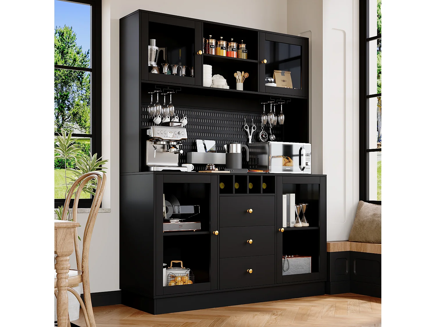 Buffet haut de cuisine moderne - 140 x 40 x 185.7 cm - avec 4 portes en verre + 3 tiroirs + étagères + Leds - MDF + verre - noir