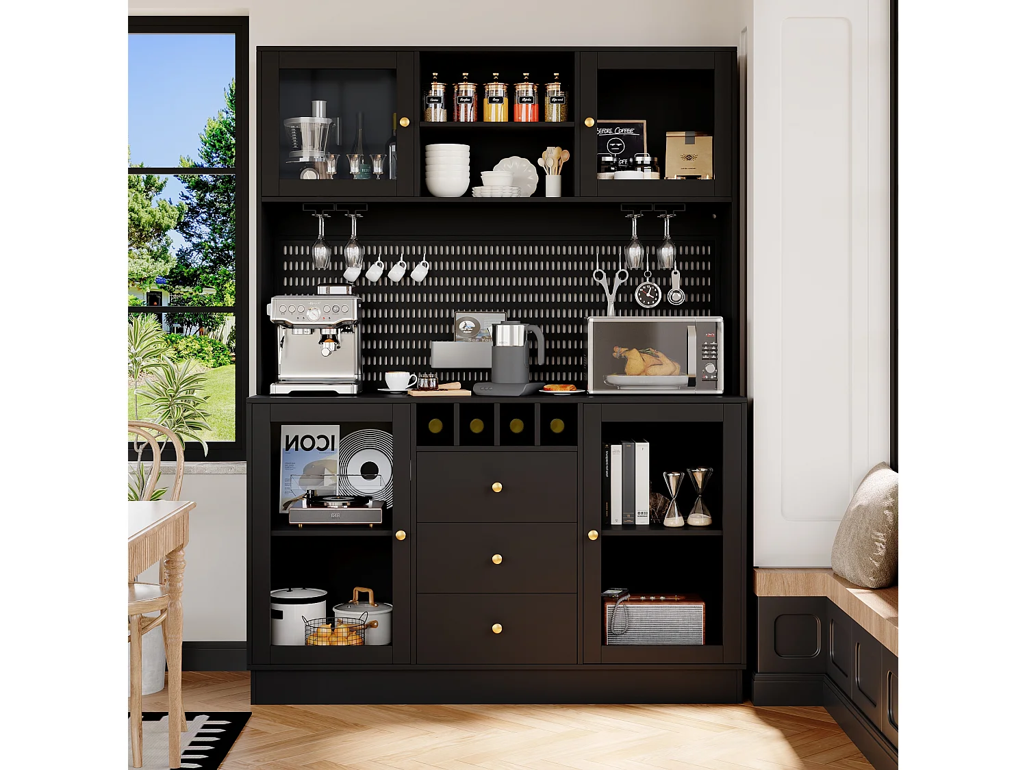 Buffet haut de cuisine moderne - 140 x 40 x 185.7 cm - avec 4 portes en verre + 3 tiroirs + étagères + Leds - MDF + verre - noir