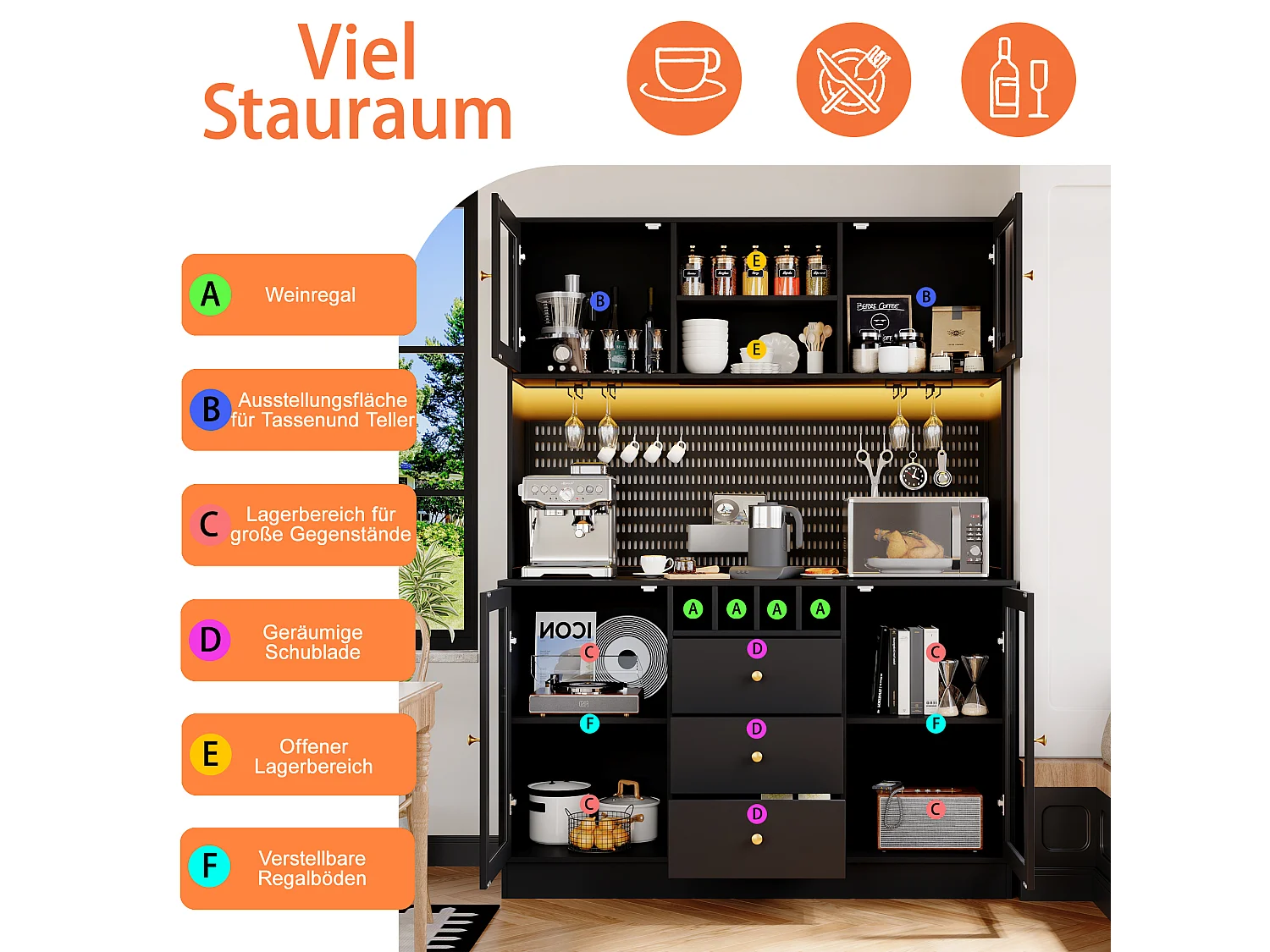 Buffet haut de cuisine moderne - 140 x 40 x 185.7 cm - avec 4 portes en verre + 3 tiroirs + étagères + Leds - MDF + verre - noir