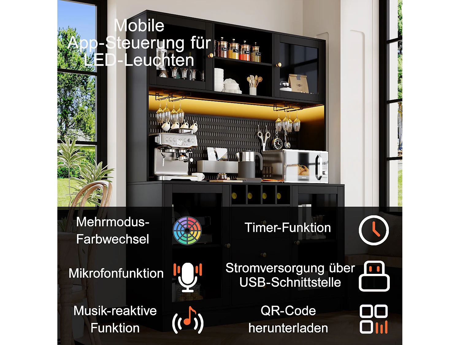 Buffet haut de cuisine moderne - 140 x 40 x 185.7 cm - avec 4 portes en verre + 3 tiroirs + étagères + Leds - MDF + verre - noir