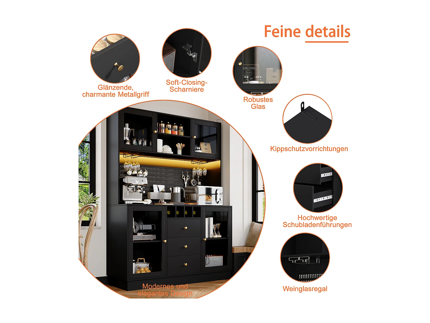 Buffet haut de cuisine moderne - 140 x 40 x 185.7 cm - avec 4 portes en verre + 3 tiroirs + étagères + Leds - MDF + verre - noir