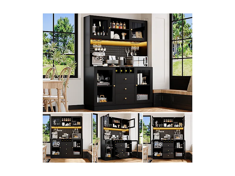 Buffet haut de cuisine moderne - 140 x 40 x 185.7 cm - avec 4 portes en verre + 3 tiroirs + étagères + Leds - MDF + verre - noir