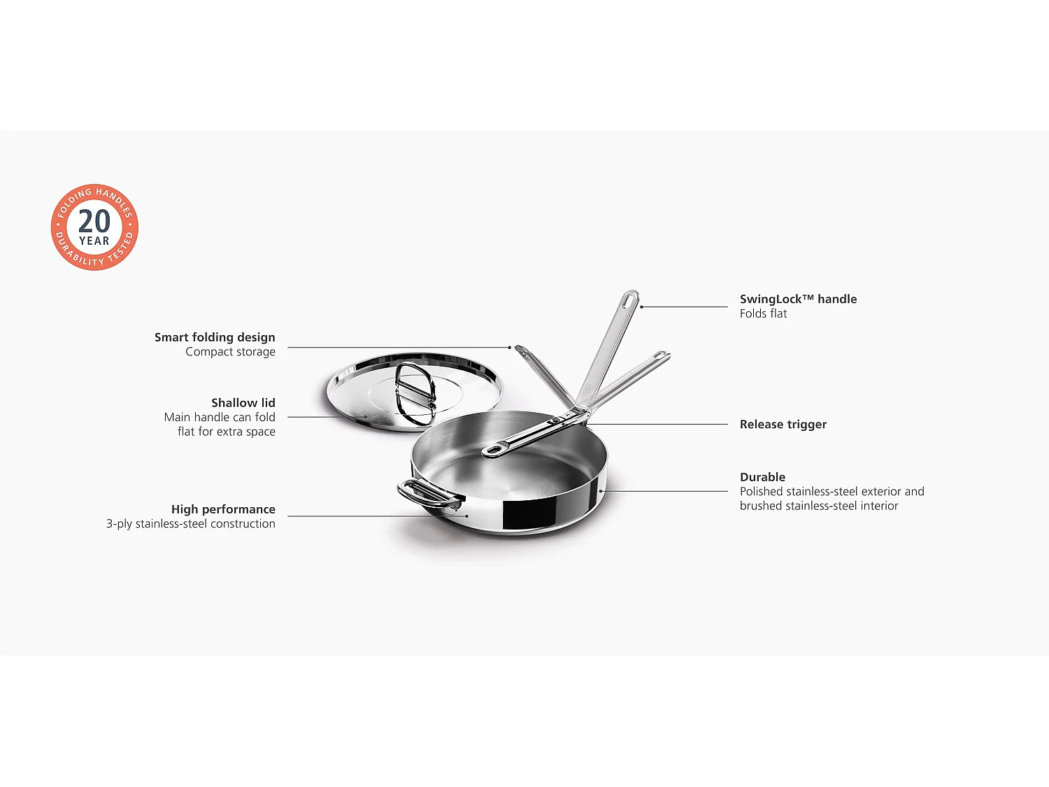 Joseph Joseph Space Steel 28 cm Sautpfanne aus Edelstahl, mit klappbarem Griff und Deckel, induktionsgeeignet und ofenfest.