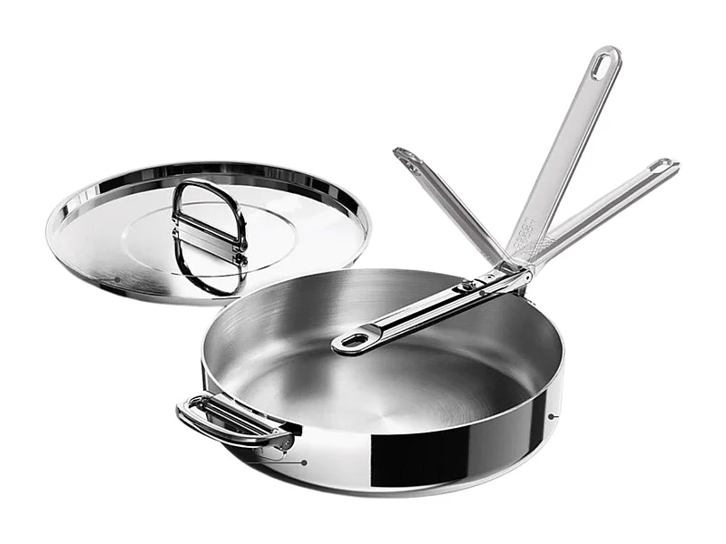 Padella per saltare Joseph Joseph Space Steel 28 cm, acciaio inox, con manico pieghevole e coperchio, adatta per induzione e forno.