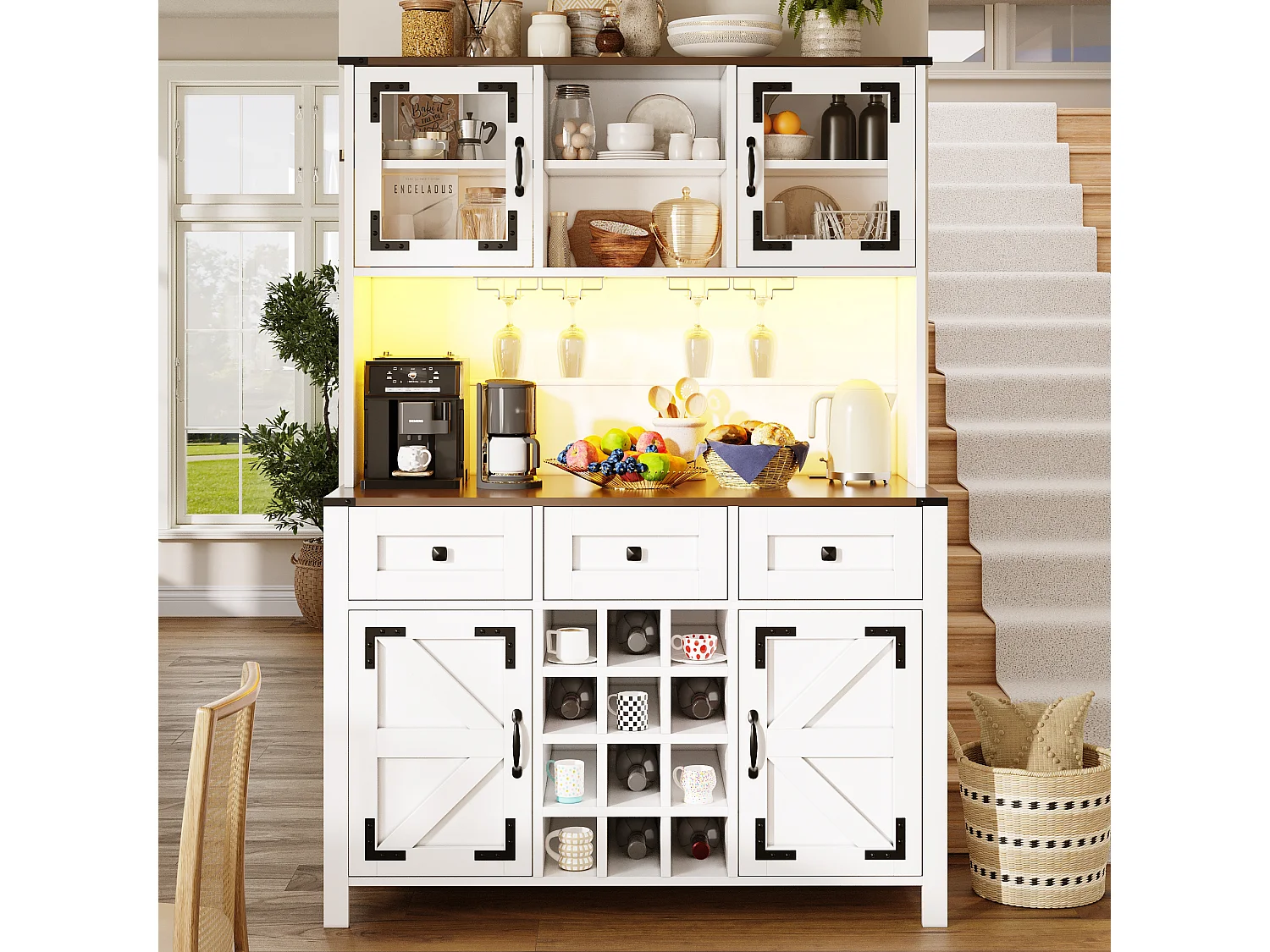 Buffet haut de cuisine moderne - 120 x 40 x 170 cm - avec Leds + USB + 4 portes + 3 tiroirs + étagères - MDF + verre - blanc